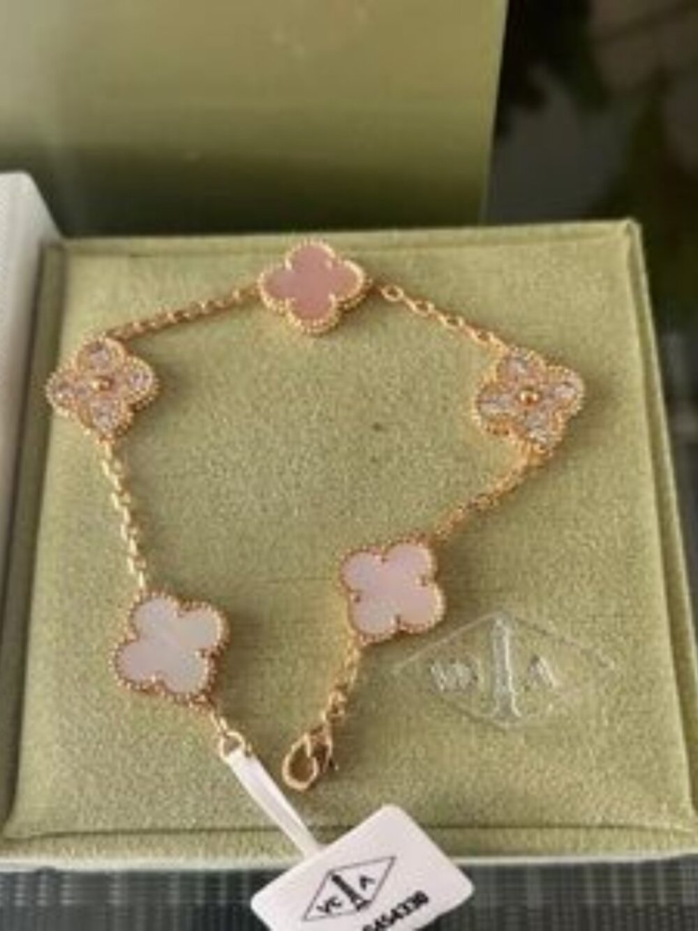 Van Cleef & Arpels Gold and Pink Clover Bracelet Size:7.5 inches